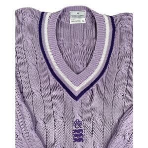VTG Kent & Curwen Cable Knit Sweater Mens XL Purple Cricket V-Neck Cotton 3 Lion